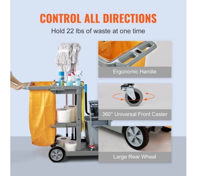 Valymo vežimėlis su 3 lentynomis, geltonas ir pilkas5