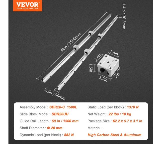 Linijinio bėgio komplektas SBR20 1500 mm6