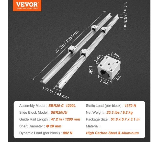Linearus kreipiančiųjų bėgelių rinkinys, SBR20 1200 mm6
