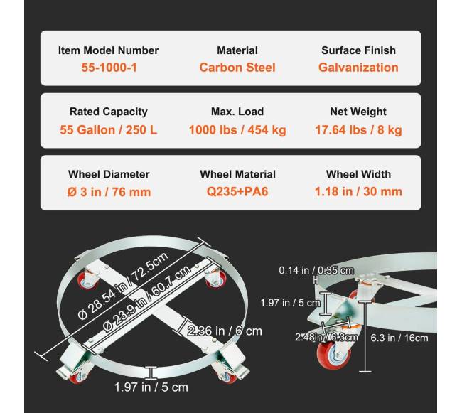 55 galonų būgnų vežimėlis, 454 kg apkrova6