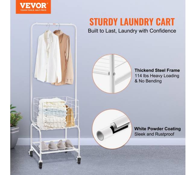 Metalinė skalbinių krepšių vežimukas su drabužių pakaba1