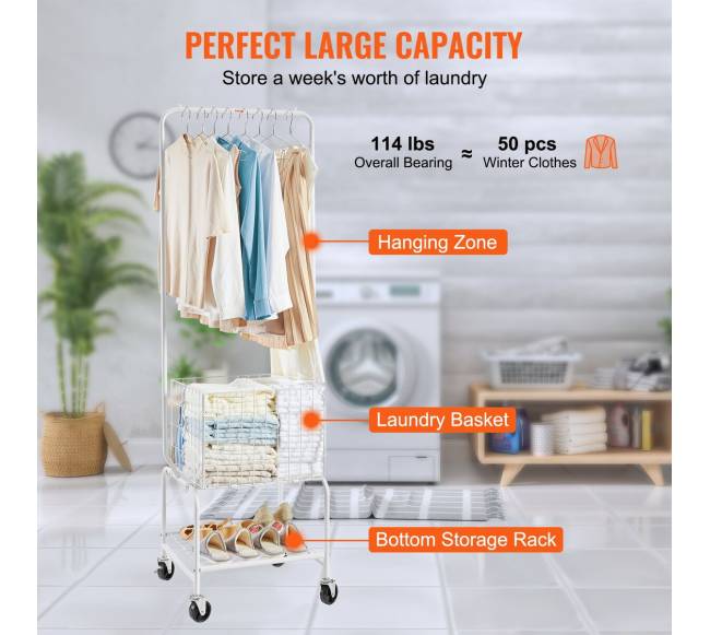 Metalinė skalbinių krepšių vežimukas su drabužių pakaba2