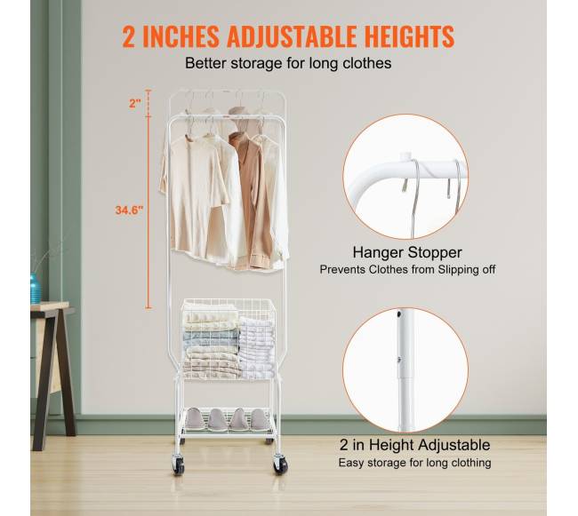 Metalinė skalbinių krepšių vežimukas su drabužių pakaba4