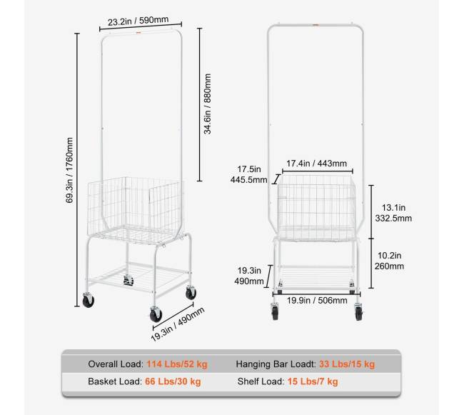 Metalinė skalbinių krepšių vežimukas su drabužių pakaba5
