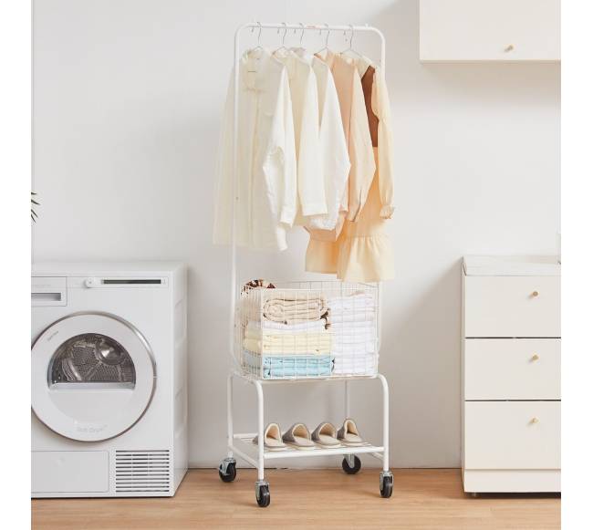 Metalinė skalbinių krepšių vežimukas su drabužių pakaba7