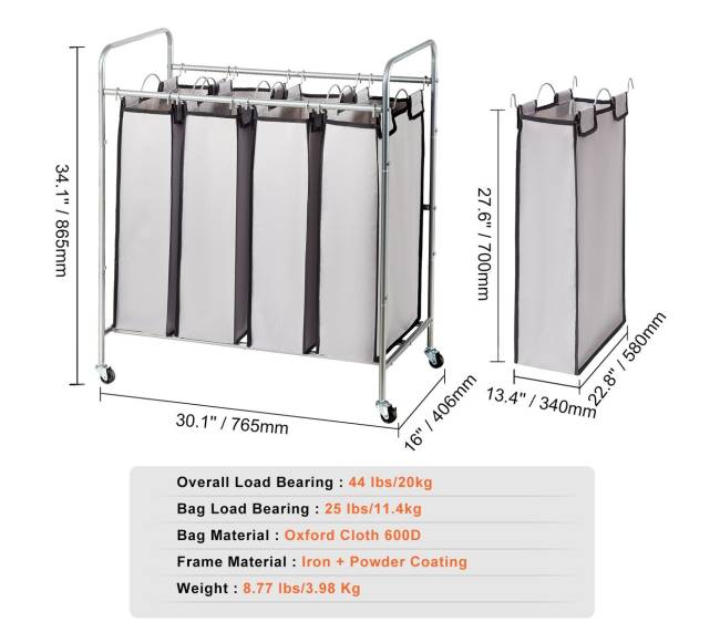 Skalbinių rūšiuoklė su 4 sekcijomis ir ratukais6