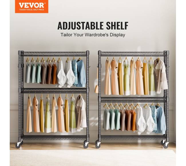 Drabužių stovas su ratukais ir lentynomis1