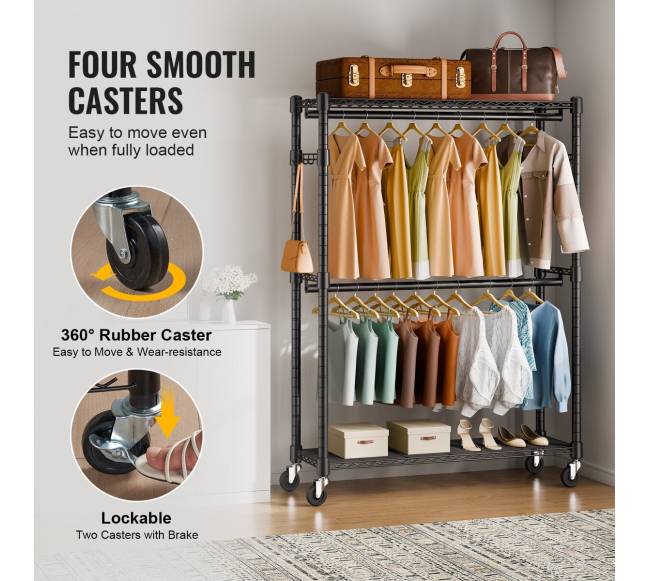 Drabužių stovas su ratukais ir lentynomis3