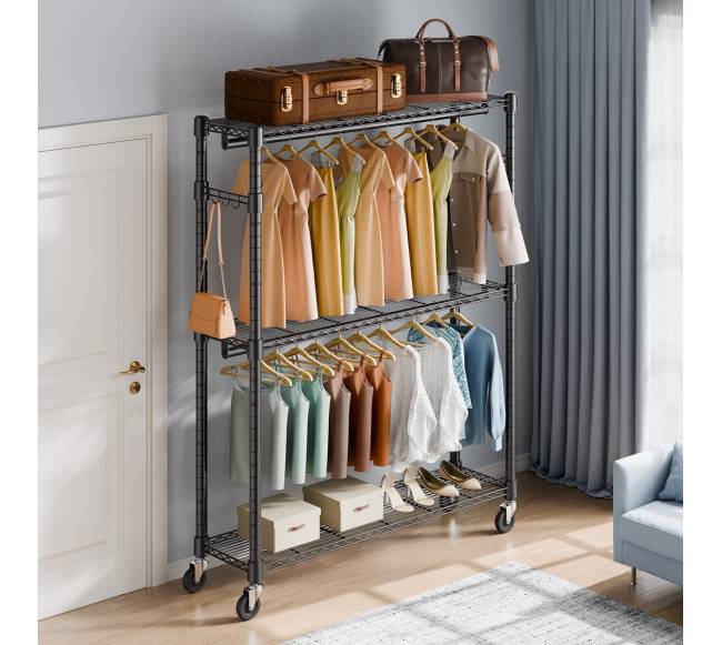 Drabužių stovas su ratukais ir lentynomis7