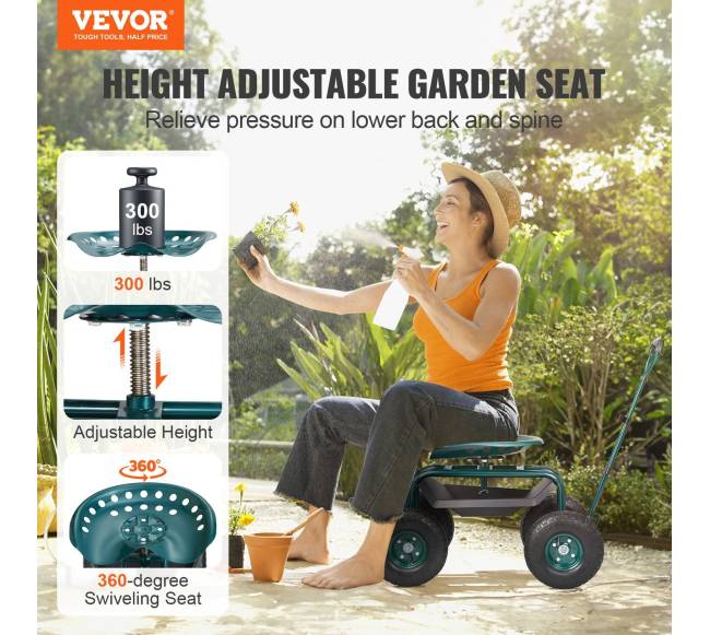 Sodo vežimėlis su ratukais ir pasukama sėdyne, žalias1