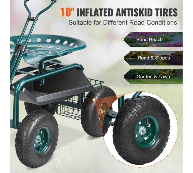 Sodo vežimėlis su ratukais ir pasukama sėdyne, žalias3