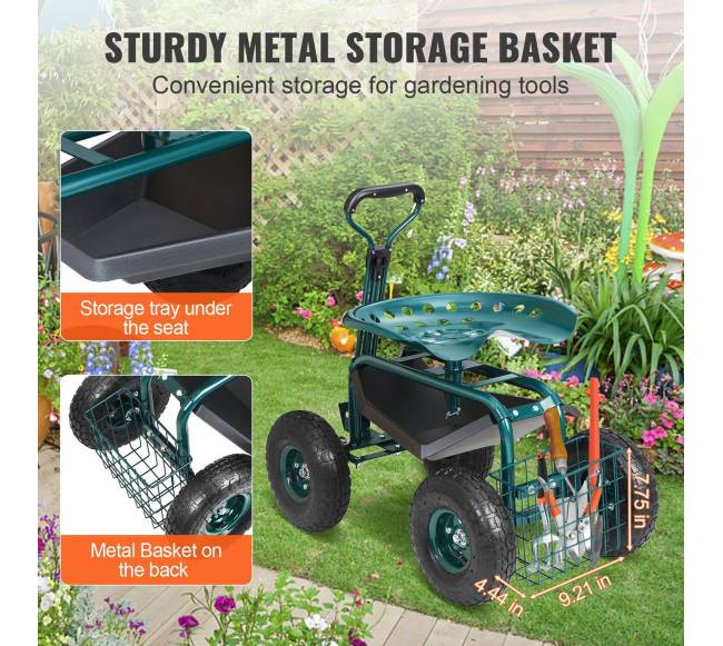 Sodo vežimėlis su ratukais ir pasukama sėdyne, žalias4