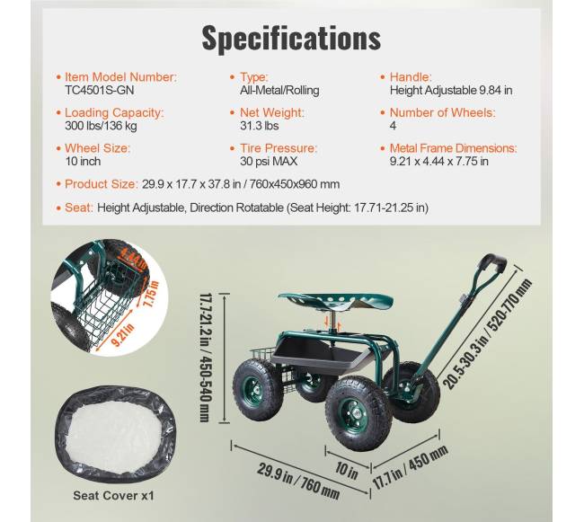 Sodo vežimėlis su ratukais ir pasukama sėdyne, žalias6