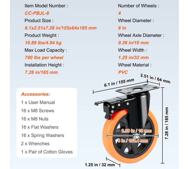 Besisukantys ratai su užraktu, 6 colių, 4 vnt.6