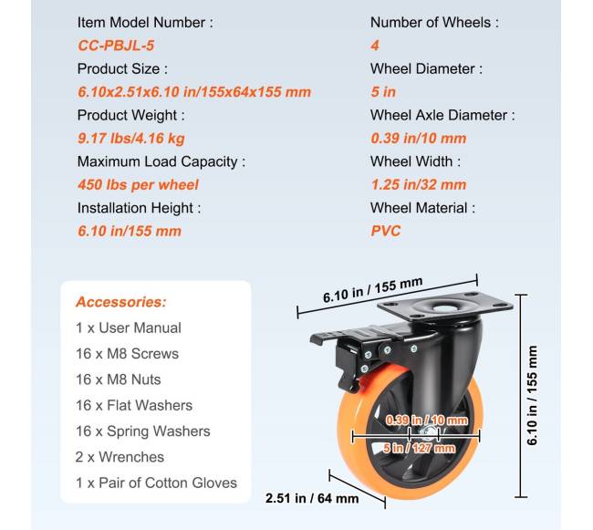 Baldinės ratukai, 5 colių su pasukama plokštele6