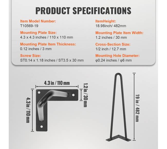 482 mm plaukų segtuko formos baldo kojos6