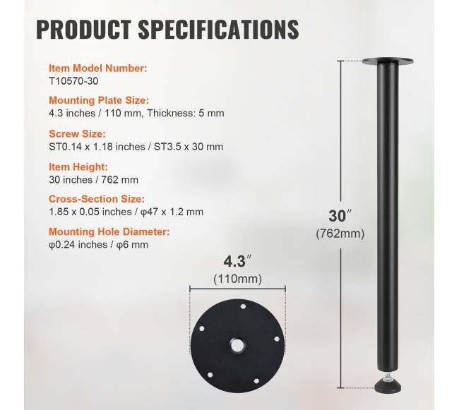 Reguliuojamos stalo kojos 762 mm, plieninės6
