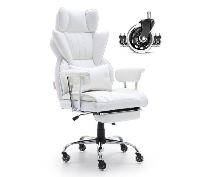 Baltas atsilenkiantis biuro fotelis su atrama kojoms0