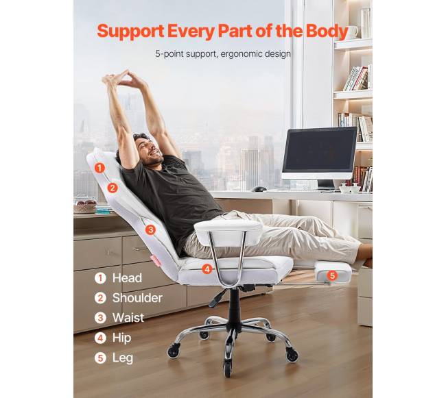 Baltas atsilenkiantis biuro fotelis su atrama kojoms1