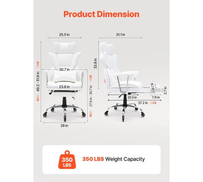 Baltas atsilenkiantis biuro fotelis su atrama kojoms2