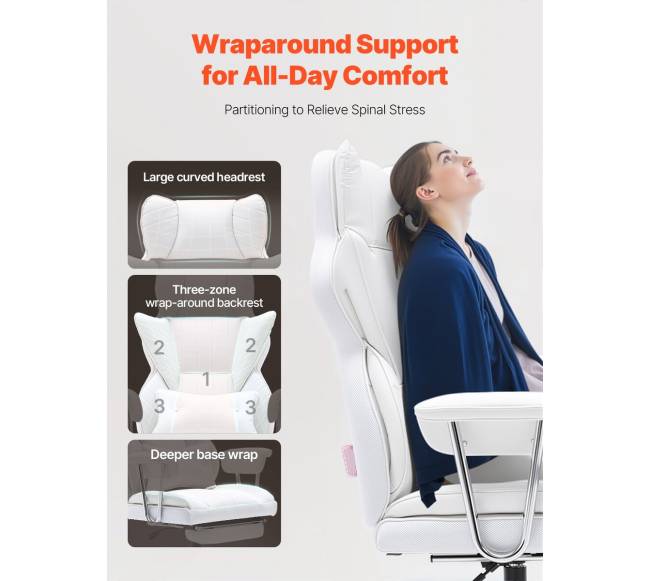 Baltas atsilenkiantis biuro fotelis su atrama kojoms3