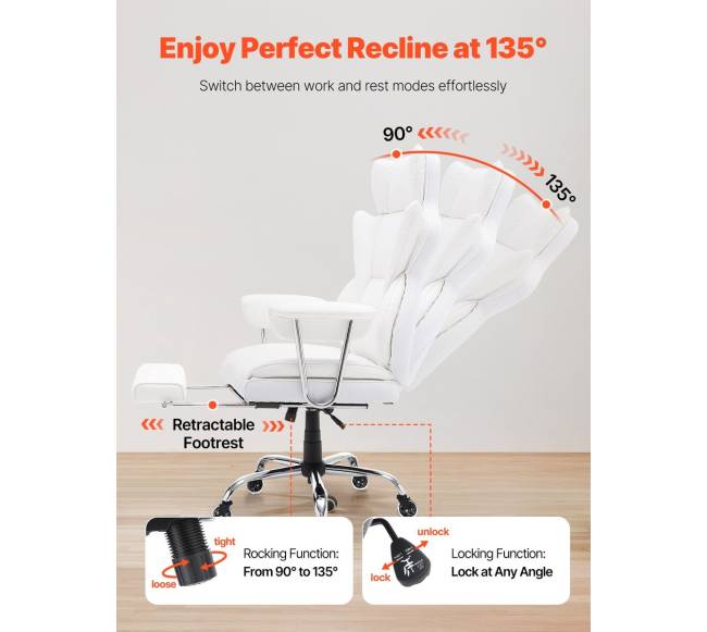 Baltas atsilenkiantis biuro fotelis su atrama kojoms4