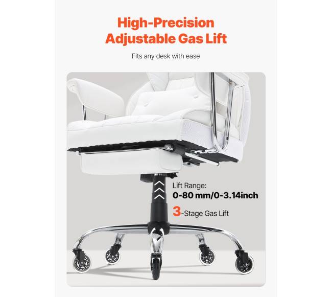 Baltas atsilenkiantis biuro fotelis su atrama kojoms5