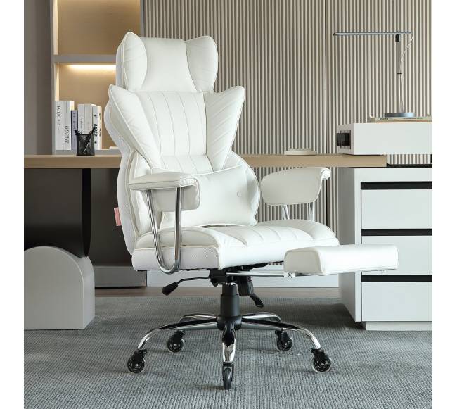 Baltas atsilenkiantis biuro fotelis su atrama kojoms7