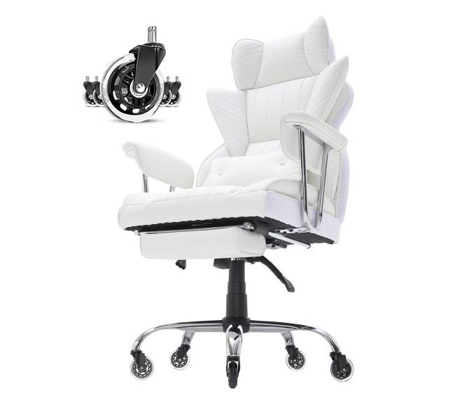 Baltas atsilenkiantis biuro fotelis su atrama kojoms8