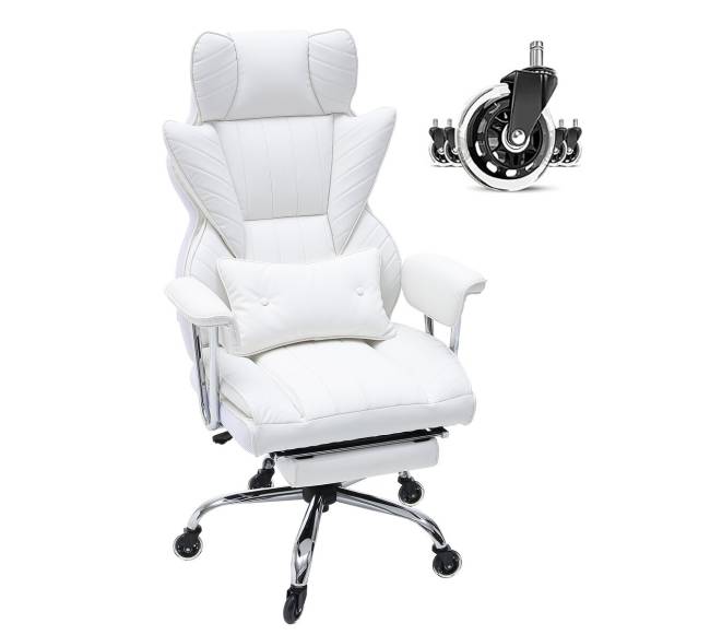 Baltas atsilenkiantis biuro fotelis su atrama kojoms10