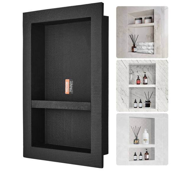 Dušo niša plytelių montavimui su dviem lentynomis, juoda0