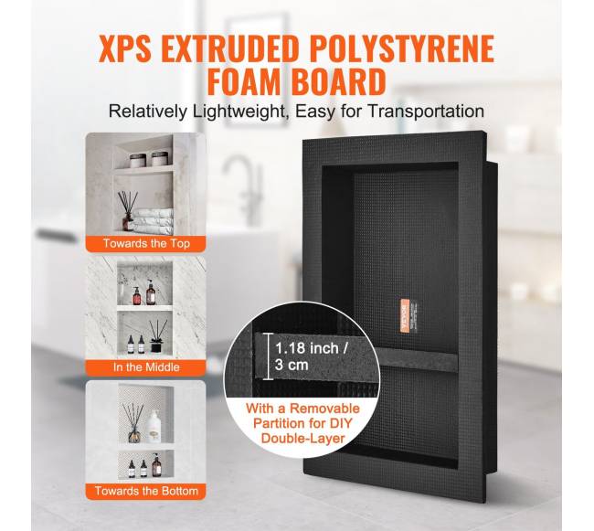 Dušo niša plytelių montavimui su dviem lentynomis, juoda2