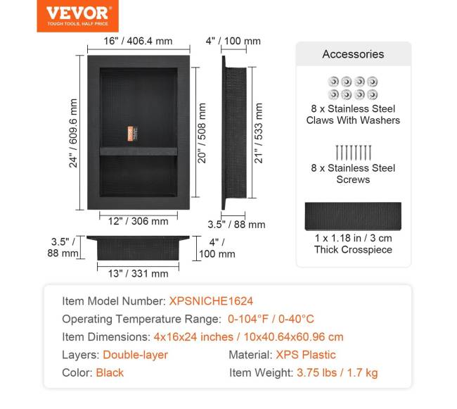 Dušo niša plytelių montavimui su dviem lentynomis, juoda6