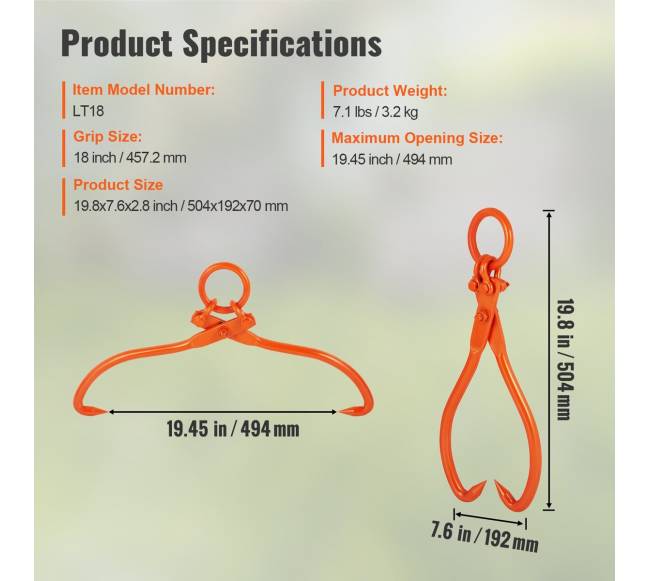 Rąstų vilkimo žnyplės, 18 colių, 350 kg6