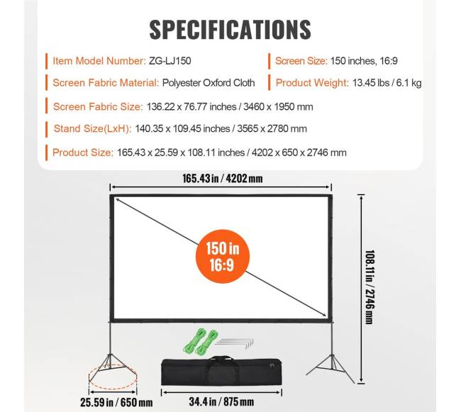 Projekcijos ekranas su stovu, 150 cm 16:96