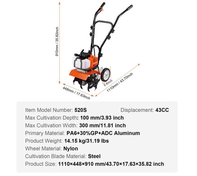 Benzininis sodo kultivatorius 43CC su plieniniais dygliais6