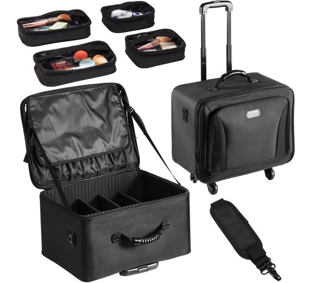 Dėklas makiažui su ratukais, 3 aukštų, juodas8