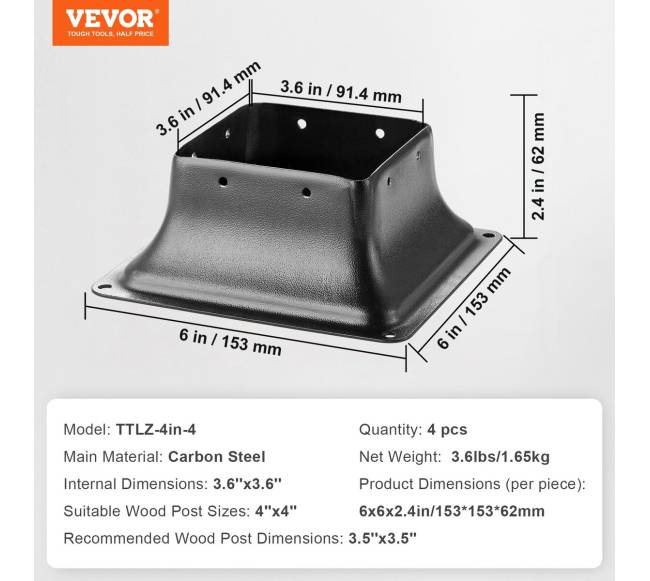 Plieninis stulpų laikiklis 4 vnt. 101.6x101.6 mm6