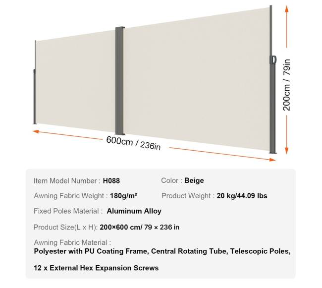 Ištraukiama šoninė stogelis, 200x600 cm, smėlio spalvos6