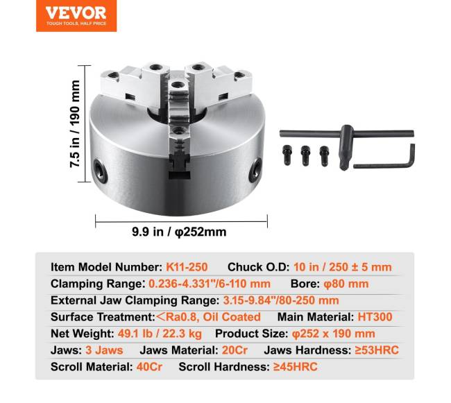 10 colių trijų žandų tekinimo staklių griebtuvė, savaime centruojanti6