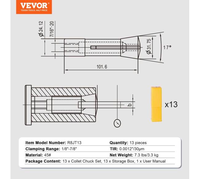13 dalių R8 frezos rinkinys 3-22 mm6