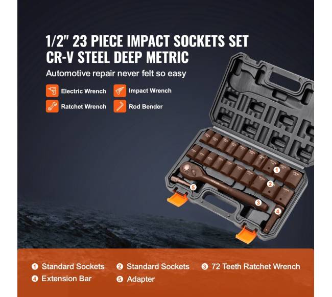 12" smūginis galvučių rinkinys, 23 vnt. SAE ir metrinis2