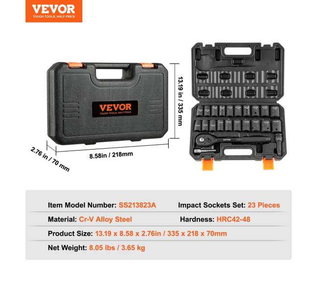 12" smūginis galvučių rinkinys, 23 vnt. SAE ir metrinis6