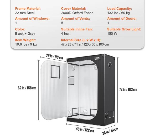 Hidroponikos auginimo palapinė 120 x 60 x 180 cm su langeliu6