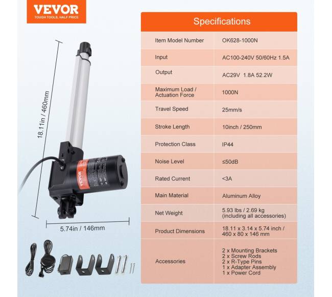 24V linijinis pavaras, 25 cm, 1000N6