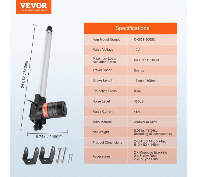 linijinis pavaras 12V 16in 6000N IP446
