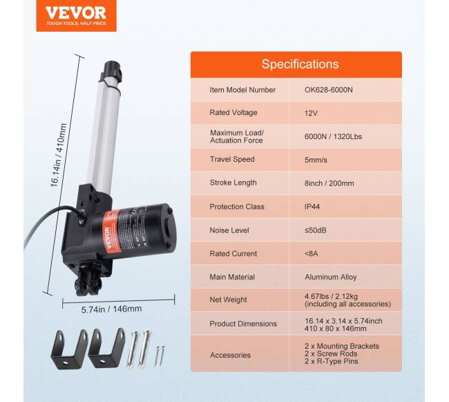 Linijinis pavaras 12V 20 cm 6000N IP446