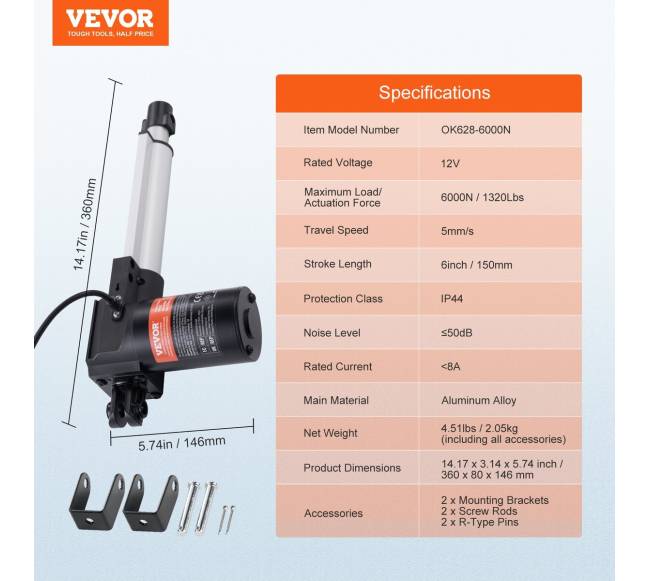 12V linijinis pavaros mechanizmas 150mm 6000N6