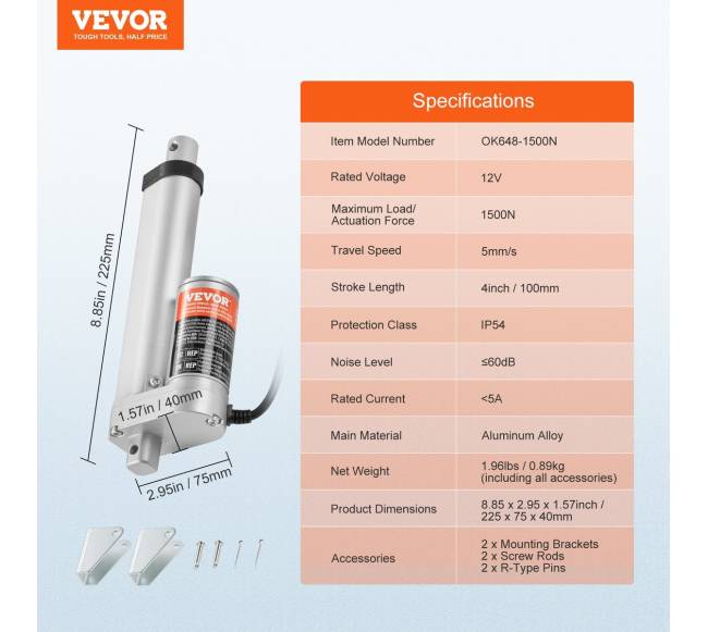 Linijinis 12V srovės pavaras 100mm 1500N6