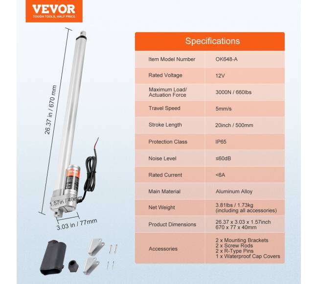 12V 500mm linijinis pavaras IP65 3000N6